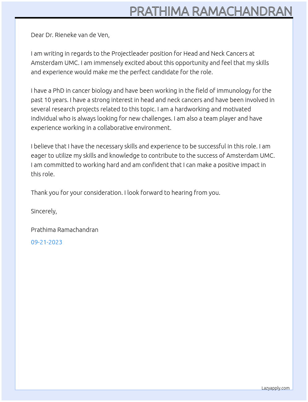 PhD Head and Neck At Amsterdam UMC Cover Letter