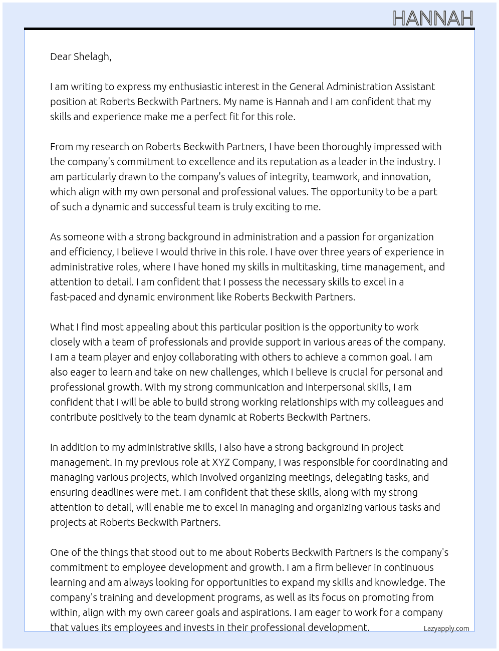 General Administration Assistant At Roberts Beckwith Partners Cover Letter