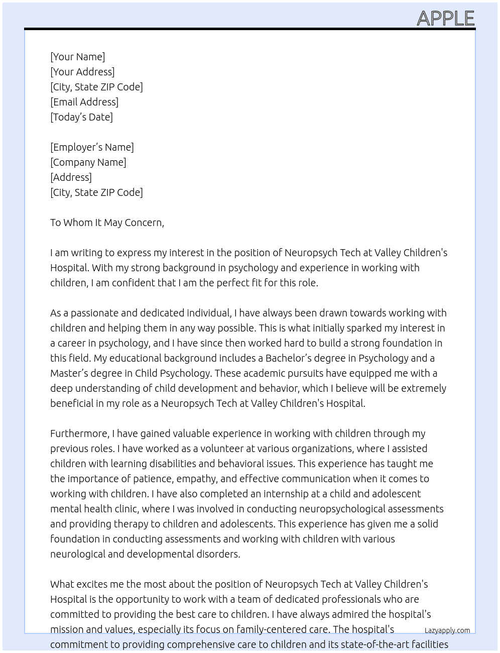 Neruopsych Tech At Valley Children's Hospital Cover Letter