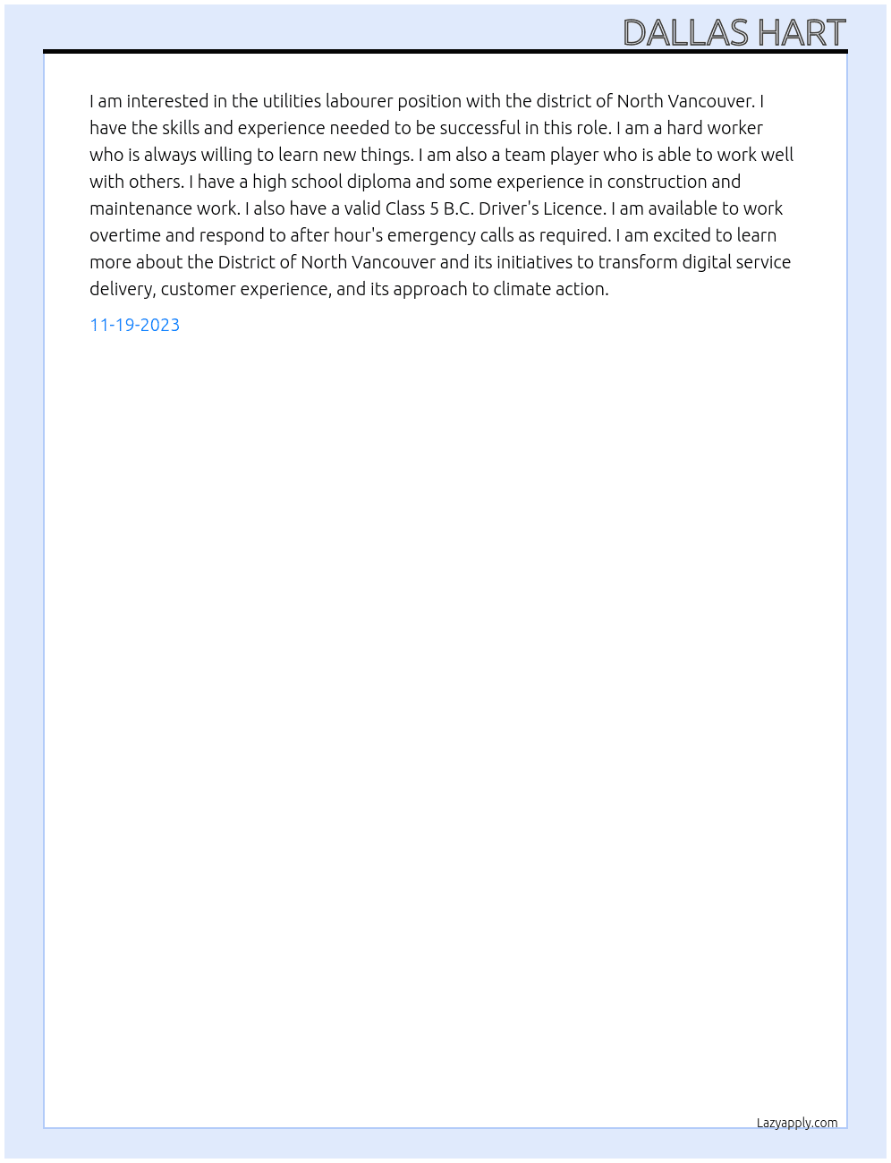 utilities labourer At district of north vancouver Cover Letter