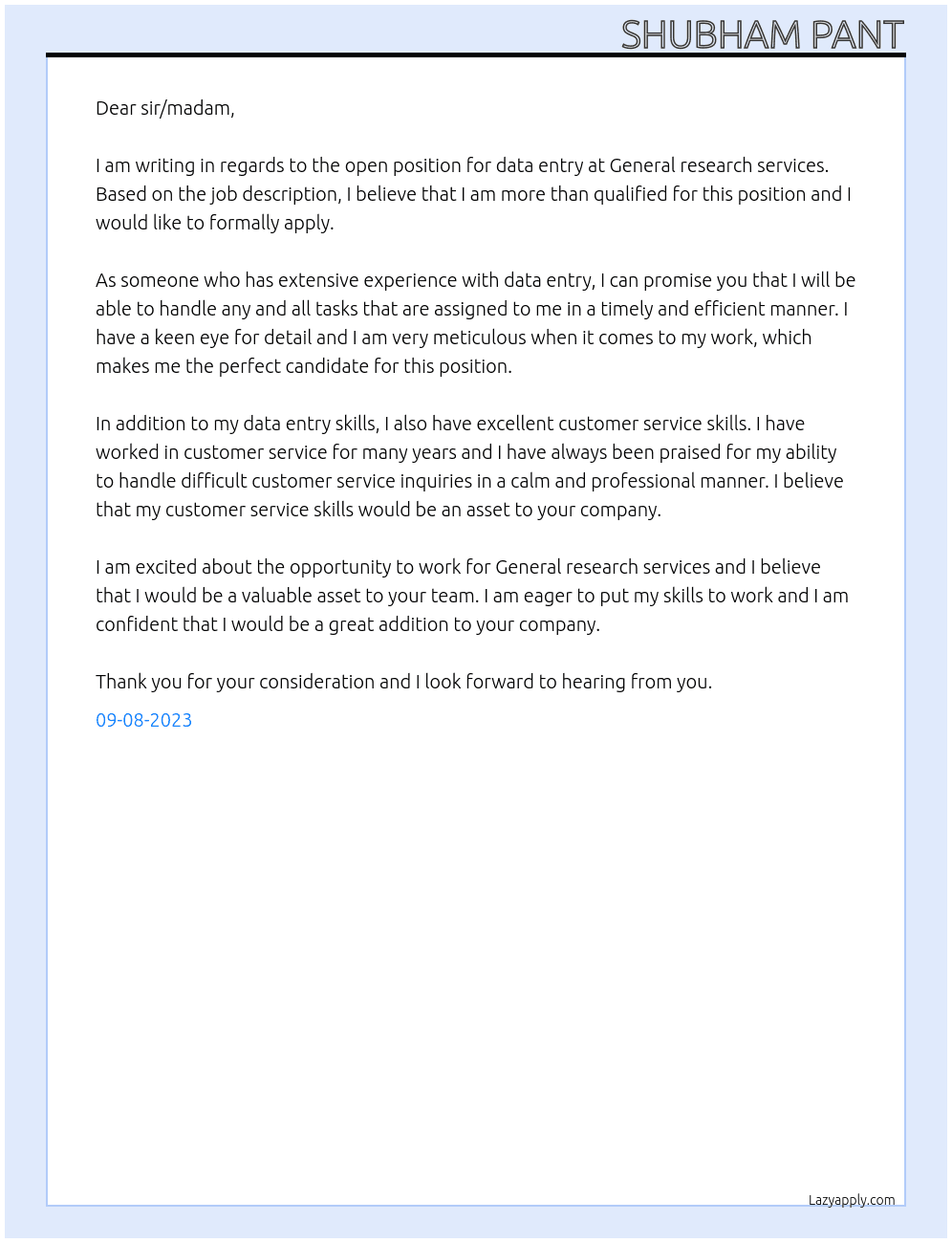 Data entry At General research services  Cover Letter