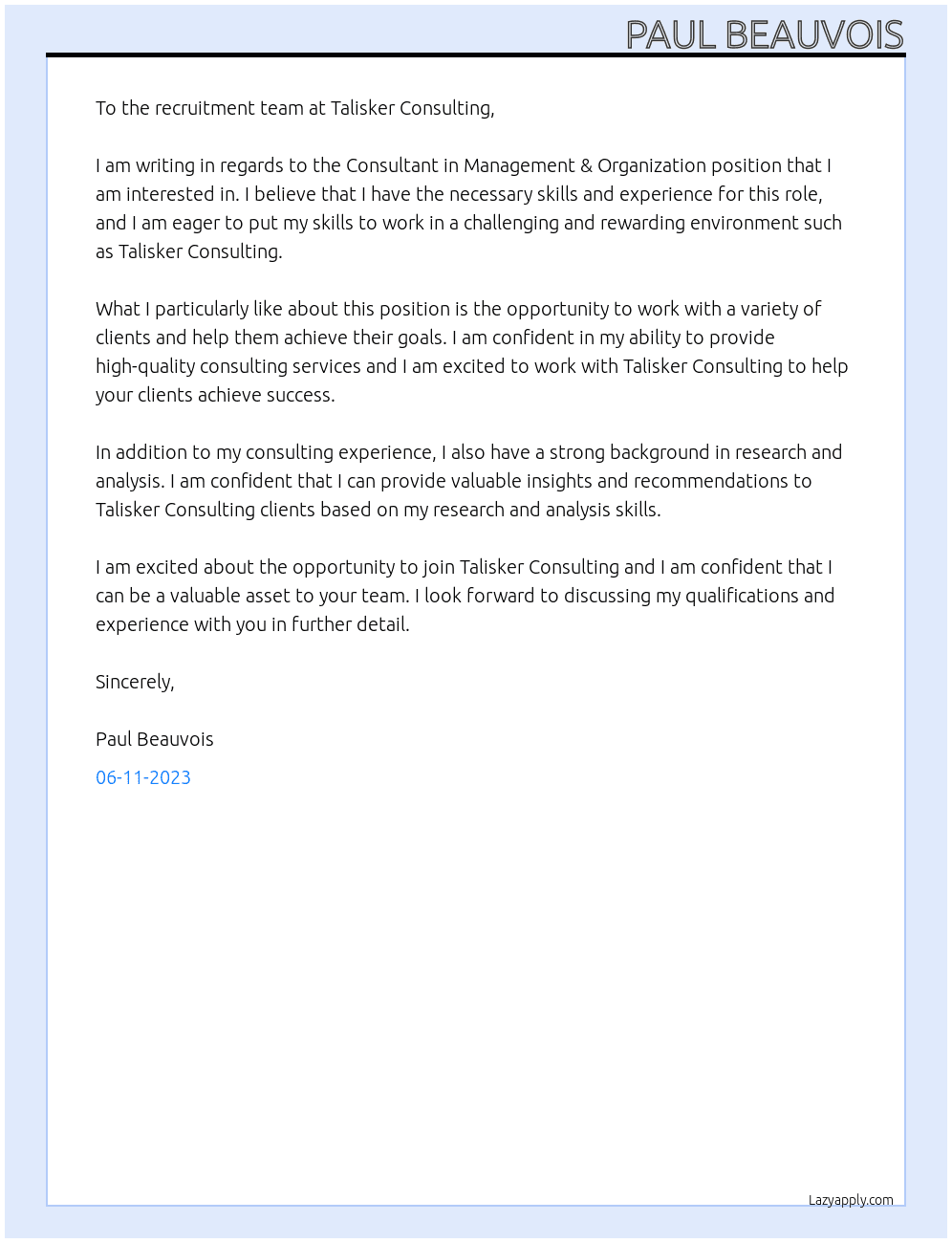Consultant in Management & Organization At Talisker Consulting Cover Letter