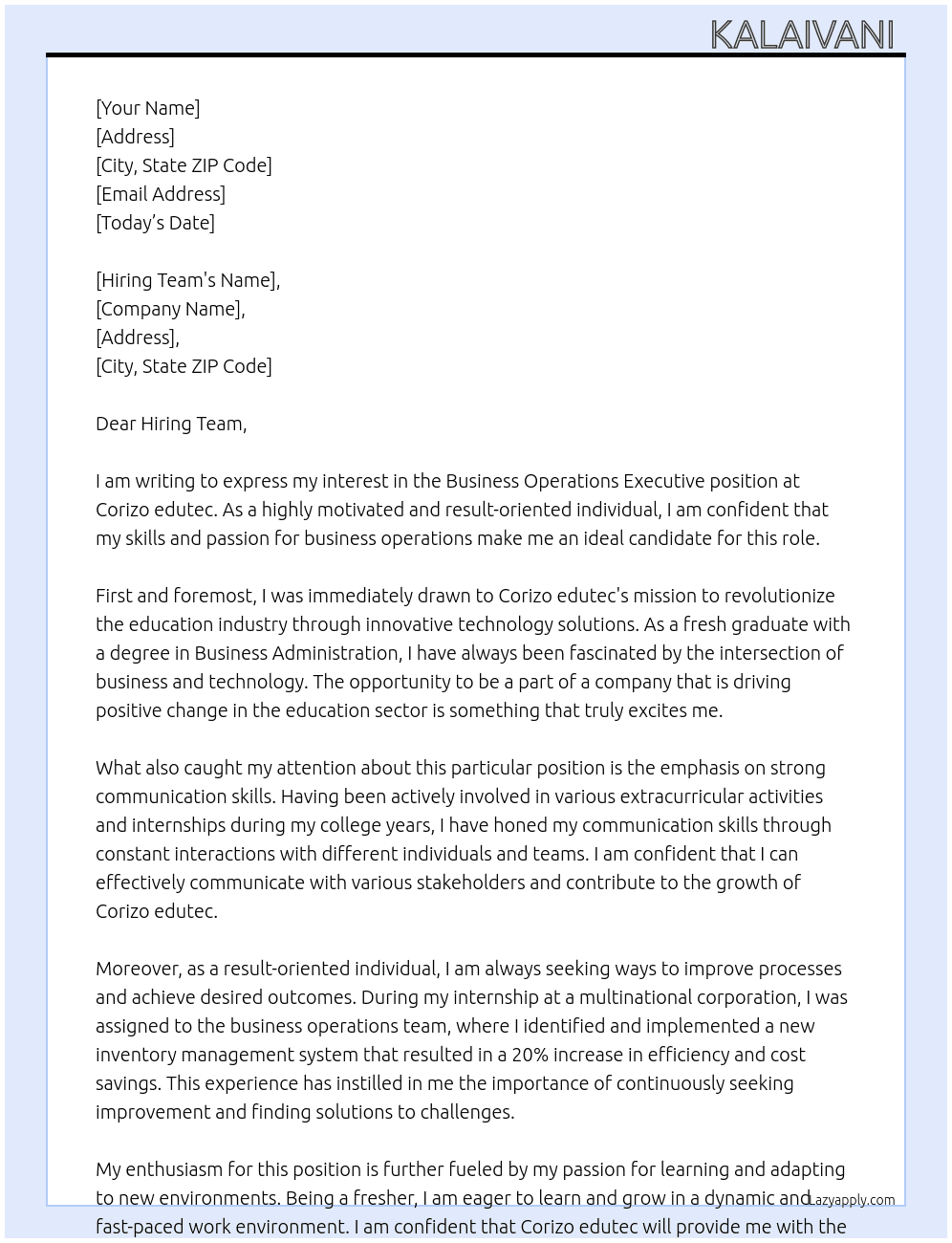 Business operations executive  At Corizo edutec Cover Letter
