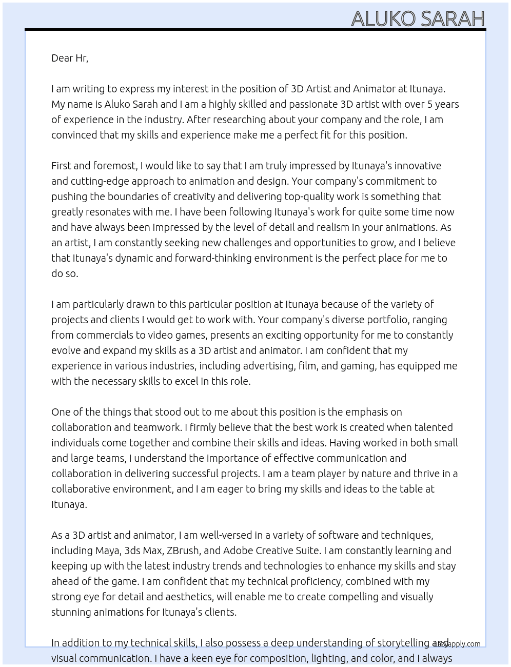 3D Artist and Animator At Itunaya Cover Letter
