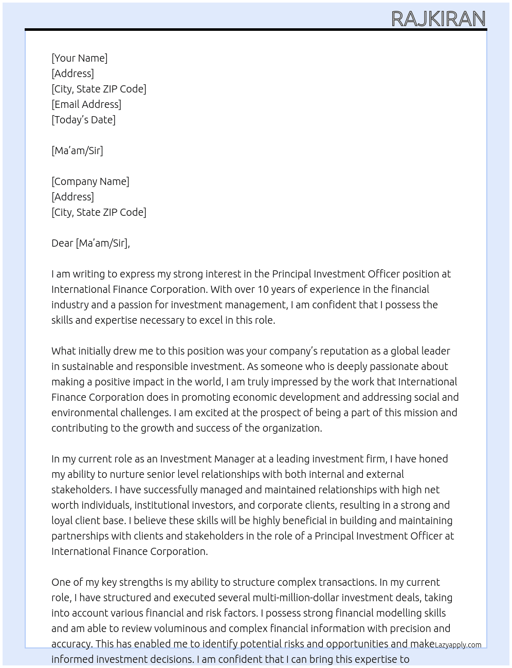 Principal Investment Officer At International Finance Corporation Cover Letter
