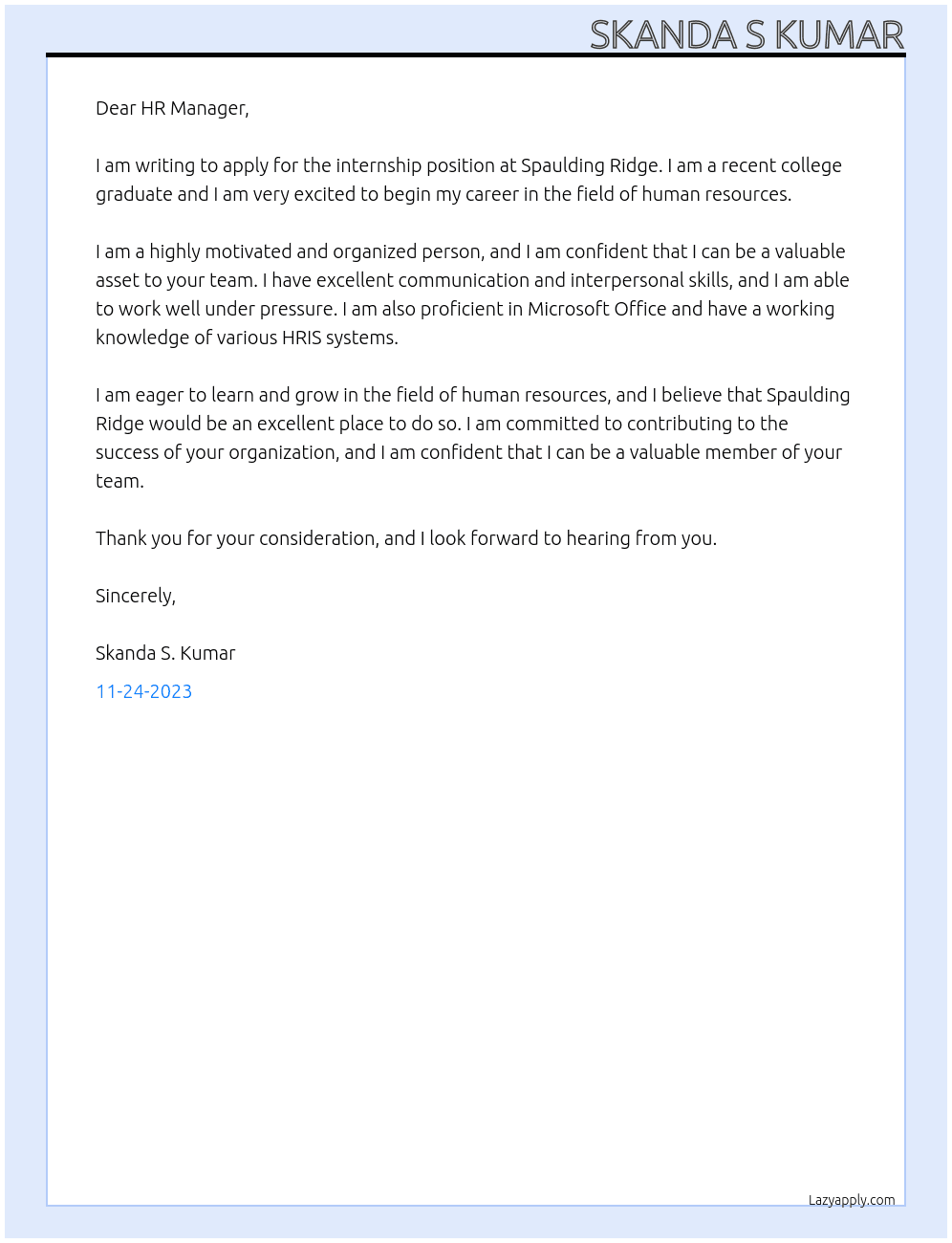 INTERNShip At Spaulding Ridge Cover Letter