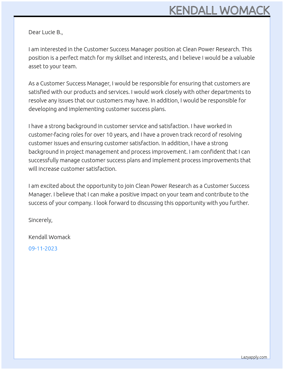 Customer Success Manager At Clean Power Research Cover Letter