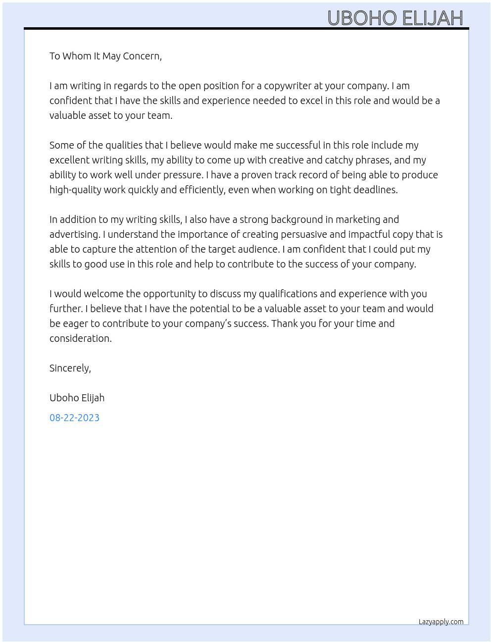 Copywriting  At Upwork  Cover Letter