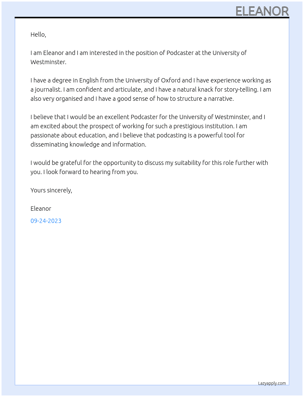 Podcaster At University of Westminster Cover Letter