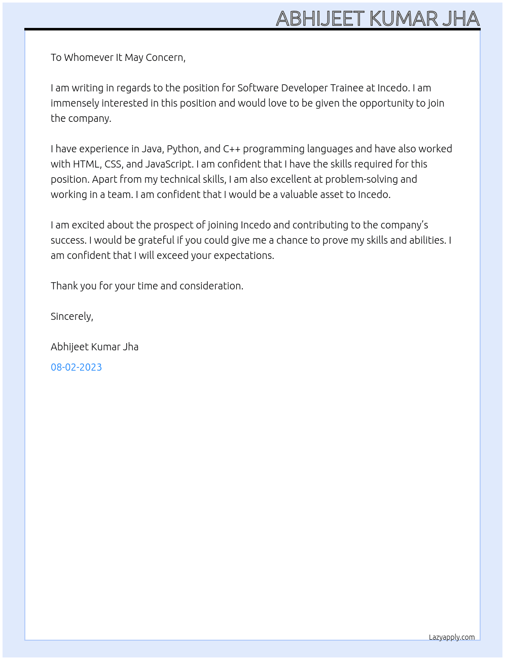 Software Developer Trainee At Incedo Cover Letter