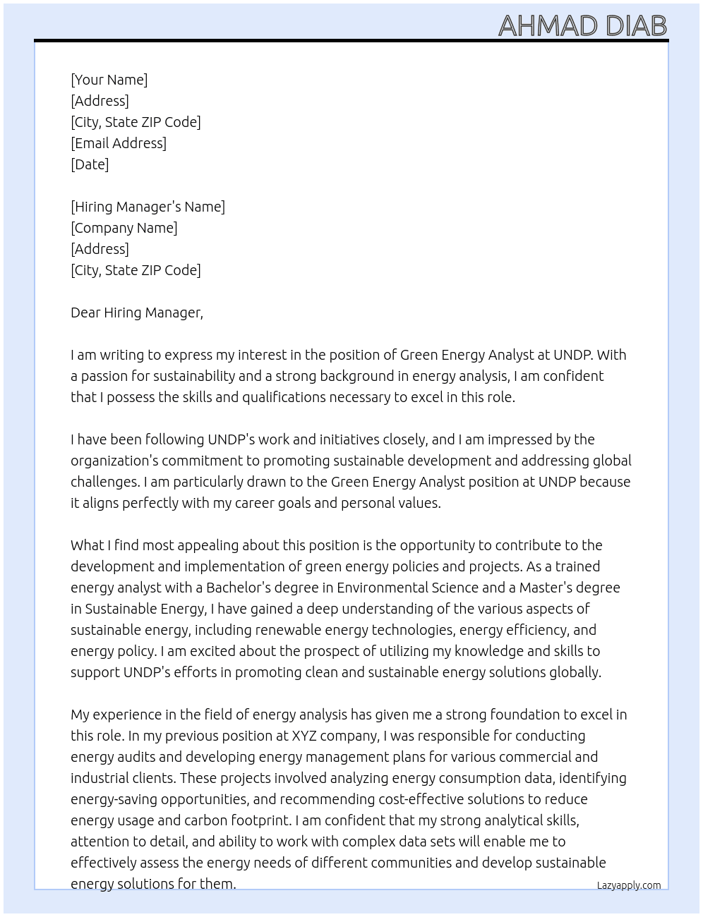Cover letter for green energy analyst - LazyApply