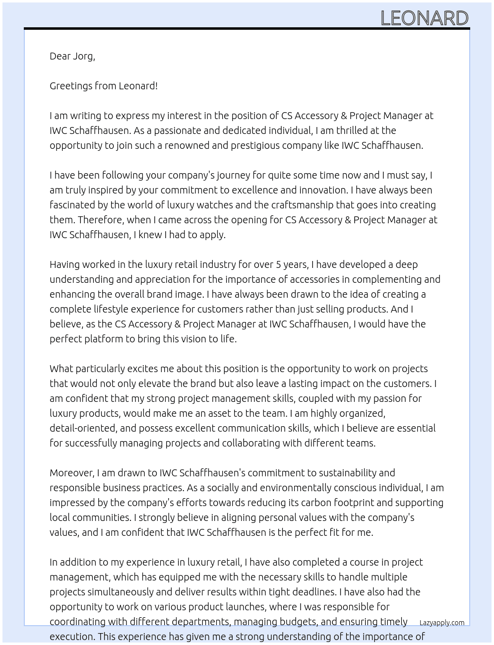 CS Accessory & Project Manager At IWC Schaffhausen Cover Letter