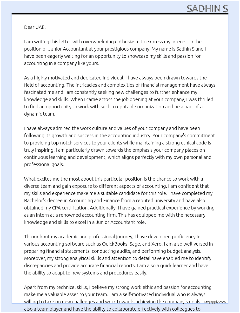 junior accountant At uae Cover Letter