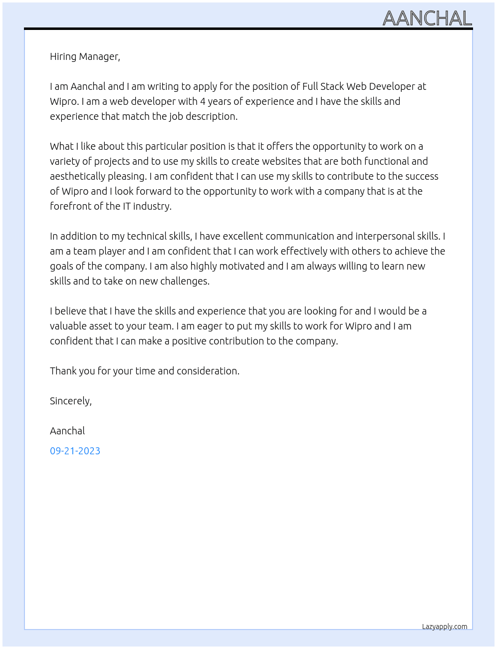 Full Stack Web Developer At Wipro  Cover Letter