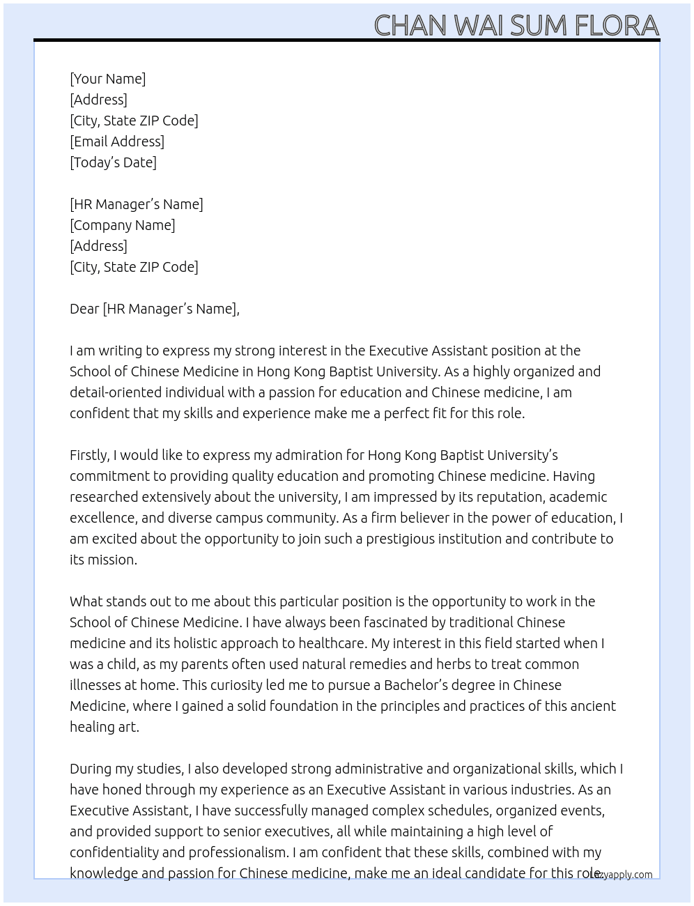 Executive Assistant, School of Chinese Medicine At Hong Kong Baptist University Cover Letter