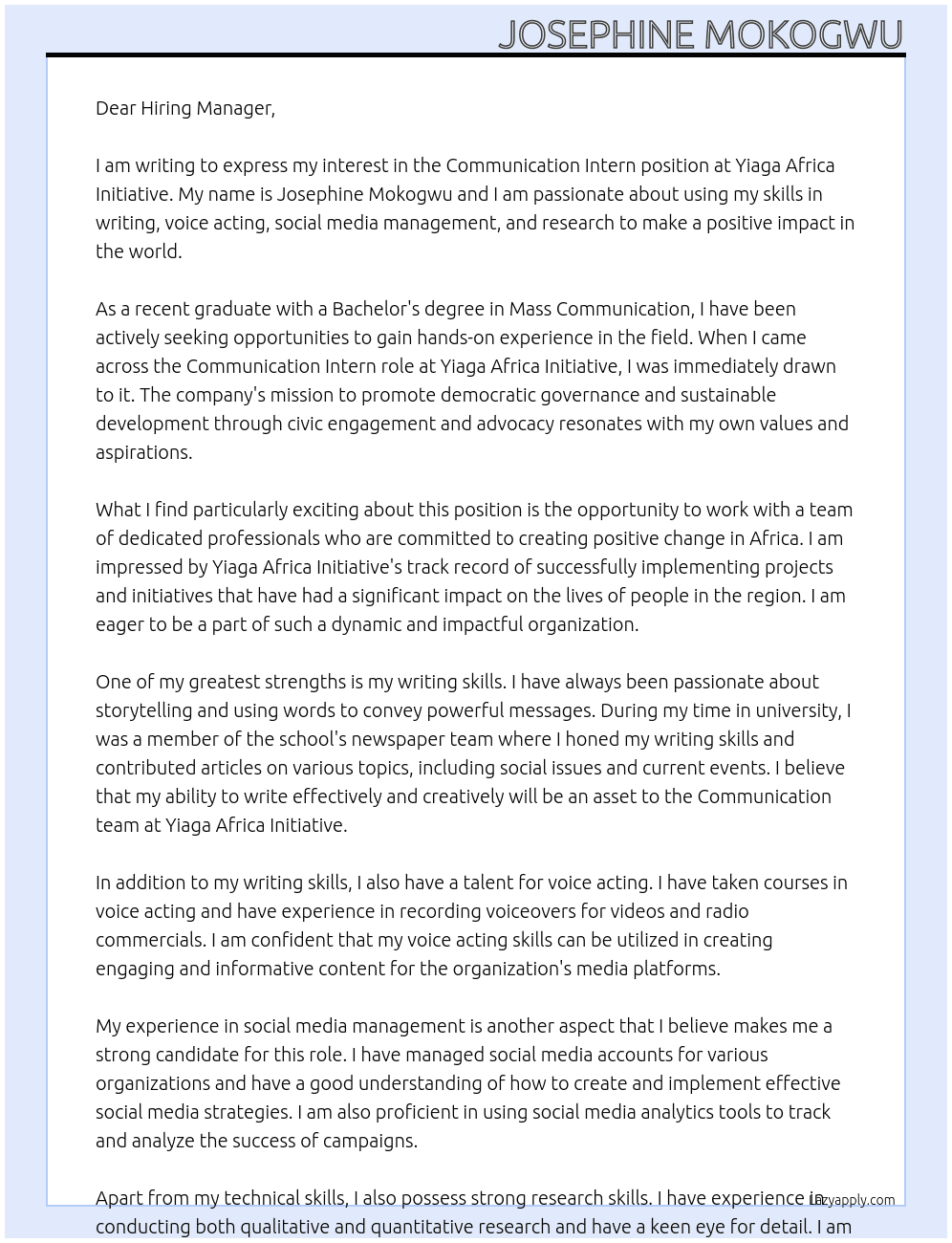 Communication Intern At Yiaga Africa Initiative Cover Letter