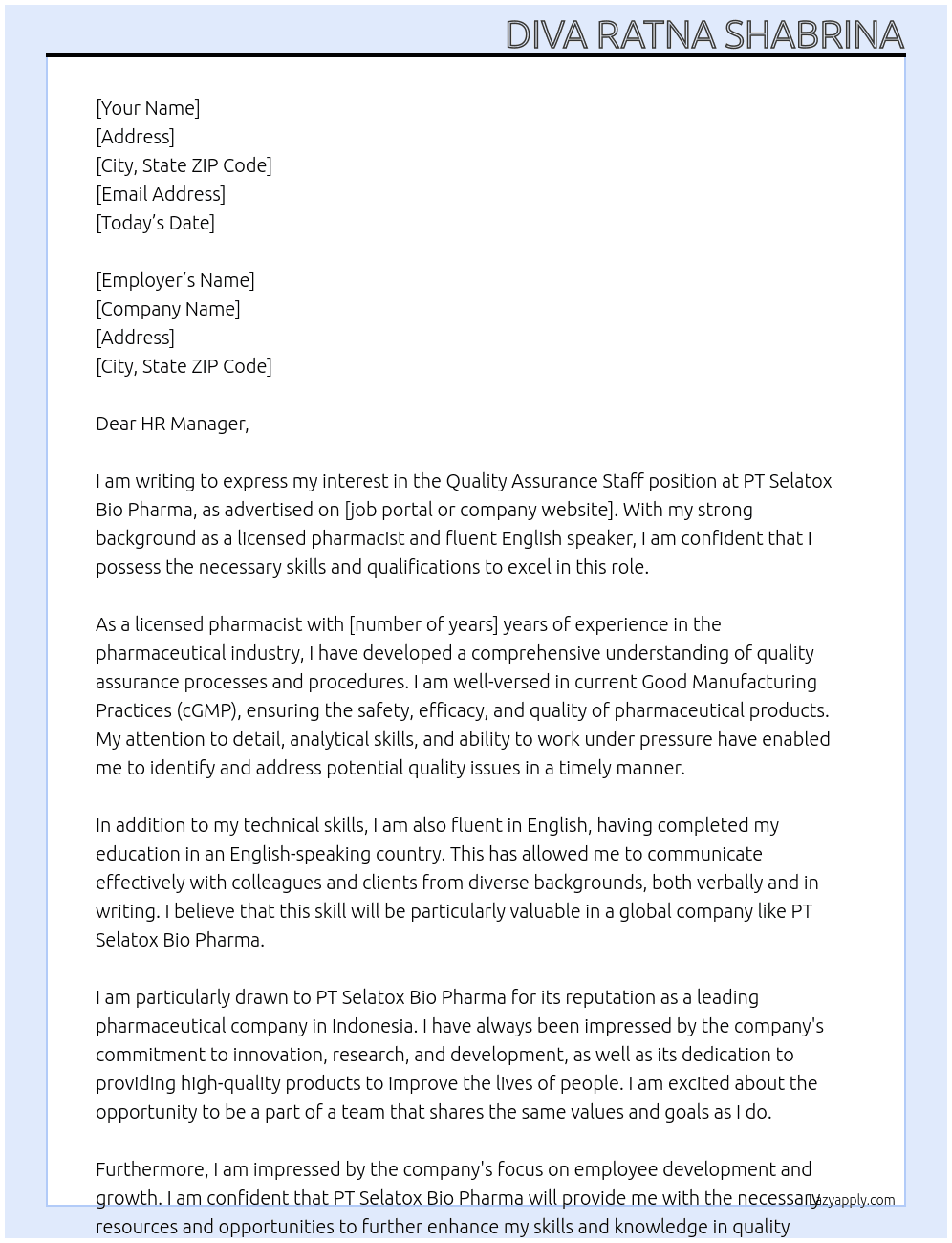Quality assurance staff At PT Selatox Bio Pharma Cover Letter