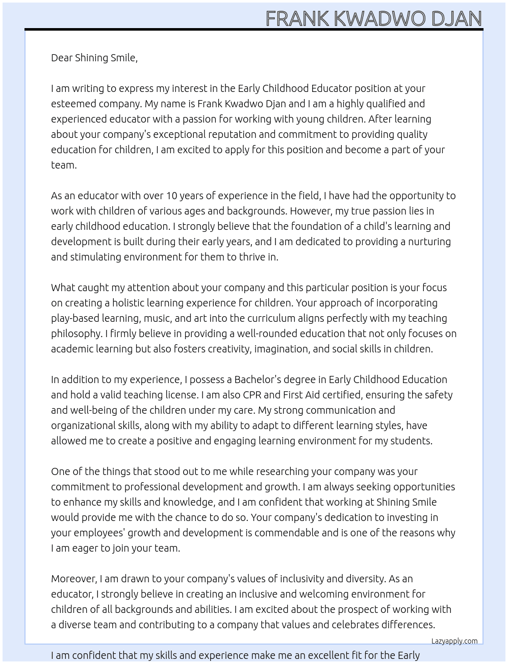 Early Childhood Educator At SHINING SMILE Cover Letter