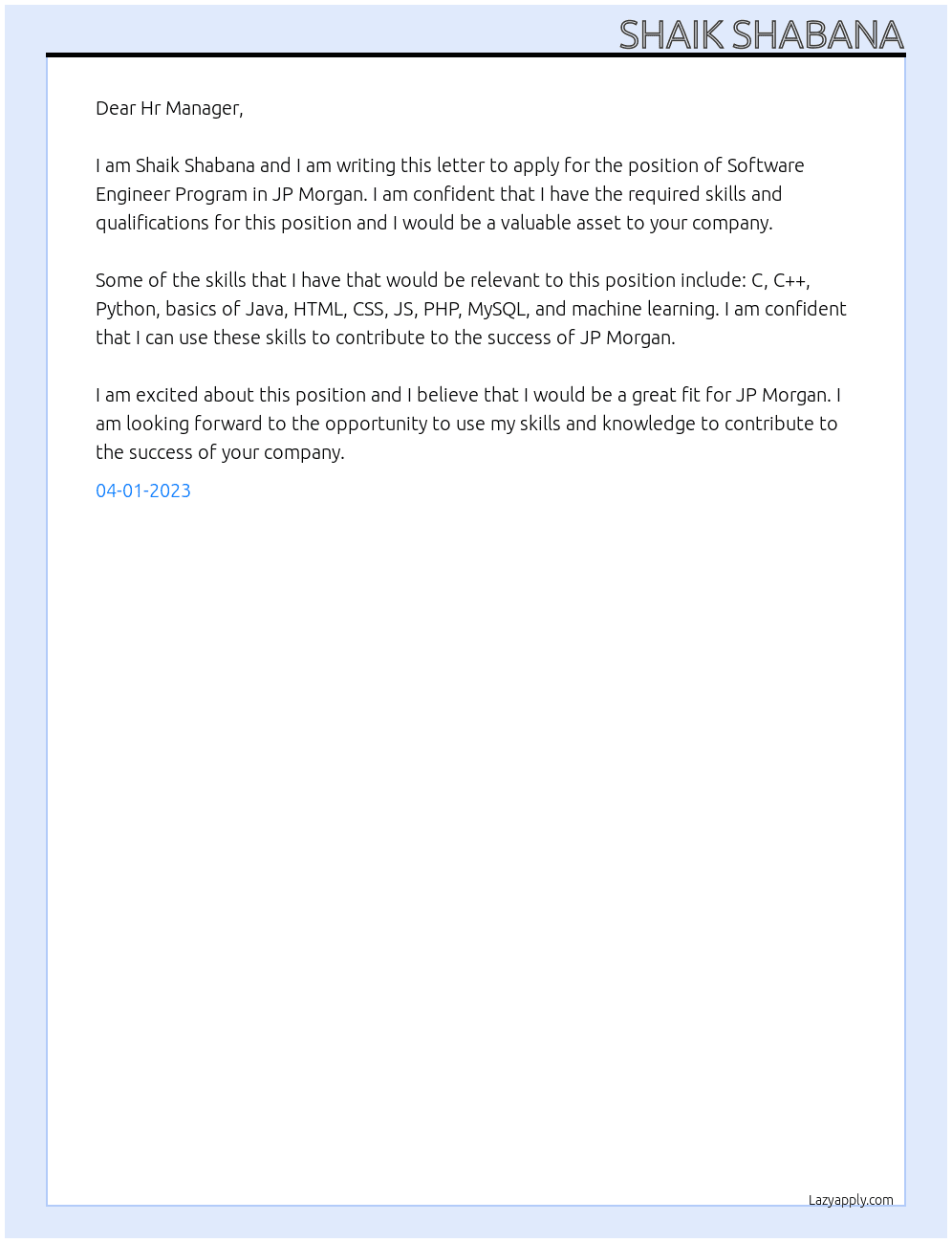 Software Engineer Program At JP Morgan Cover Letter