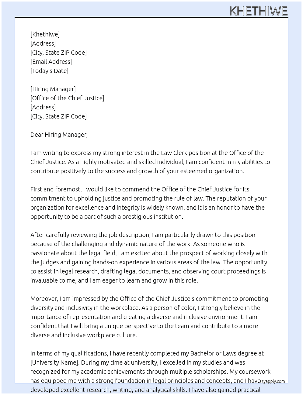 Law Clerk At Office of the Chief Justice Cover Letter