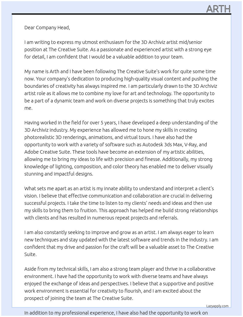 3D Archiviz artist mid/senior At The Creative Suite Cover Letter