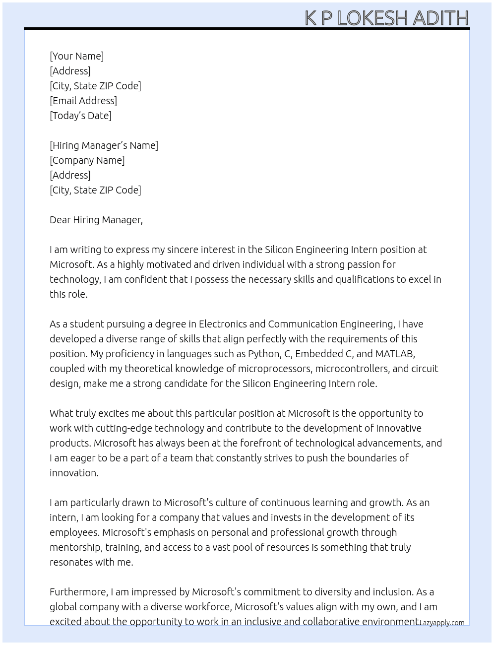 Silicon Engineering Intern At MICROSOFT Cover Letter