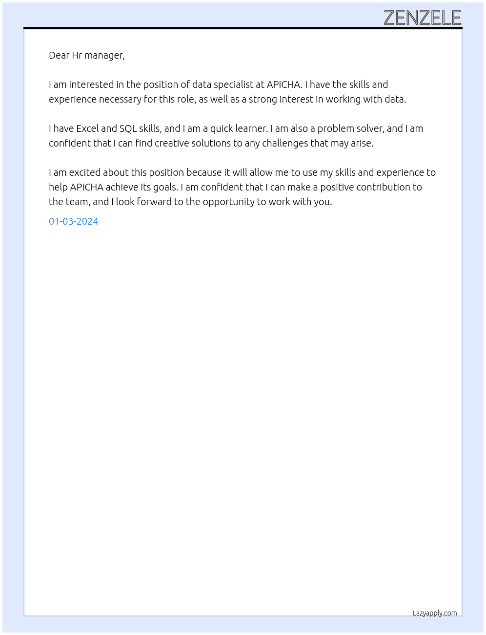 data specialist At APICHA Cover Letter