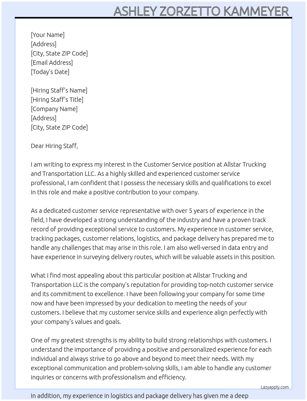 Customer service  At Allstar Trucking and Transportation LLC Cover Letter