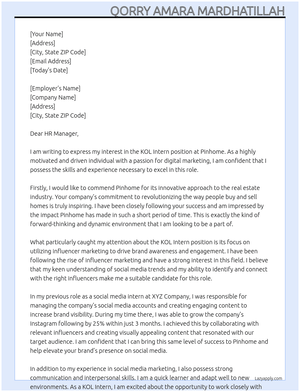 KOL Intern At Pinhome Cover Letter