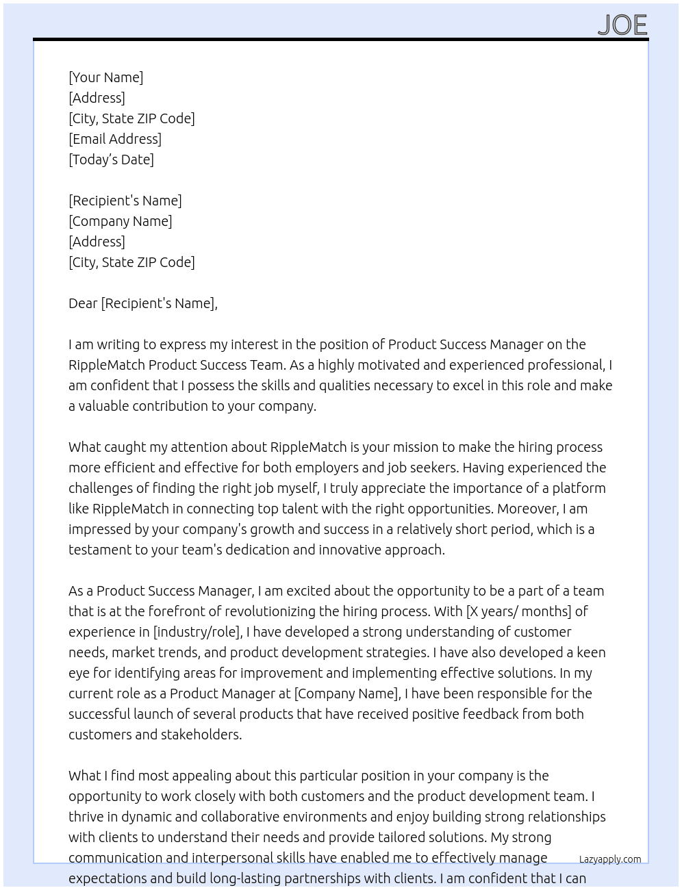 Product Success Manager At RippleMatch Cover Letter