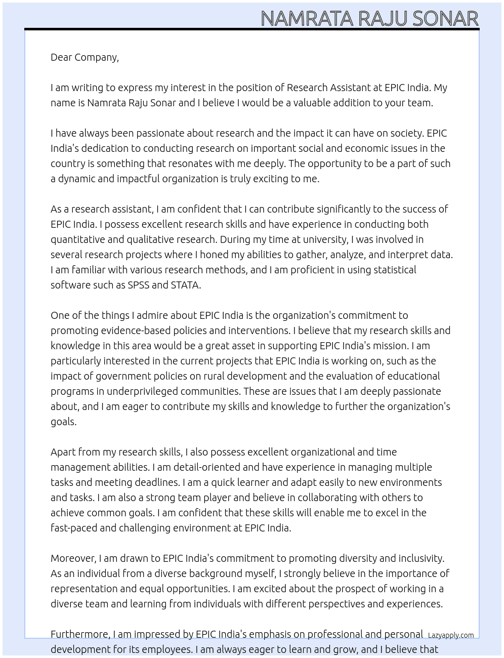 Research assistant  At EPIC India  Cover Letter