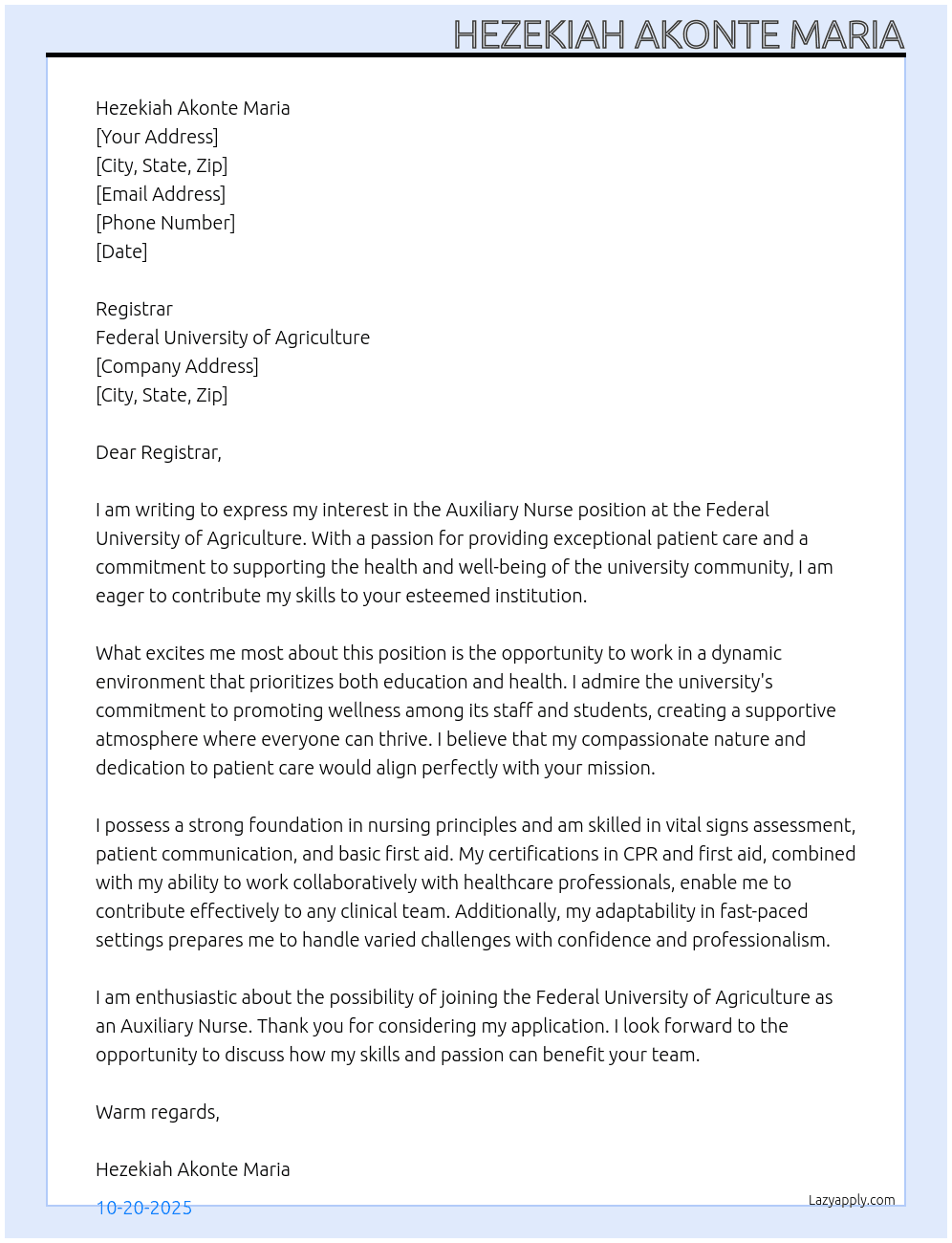 Auxiliary nurse At Federal university of Agriculture  Cover Letter