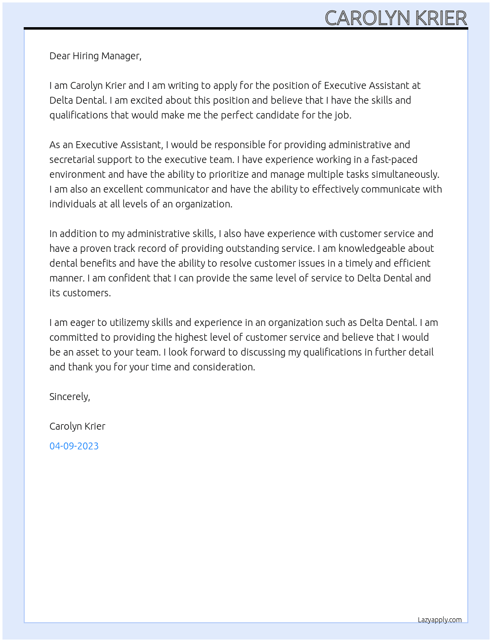 Executive Assistant At Delta Dental Cover Letter