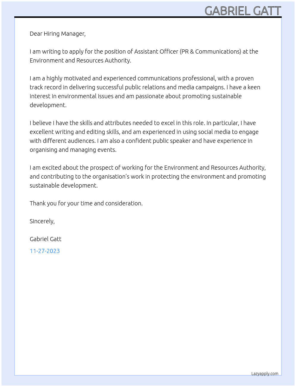 Assistant Officer (PR & Communications) At Environment and Resources Authority Cover Letter
