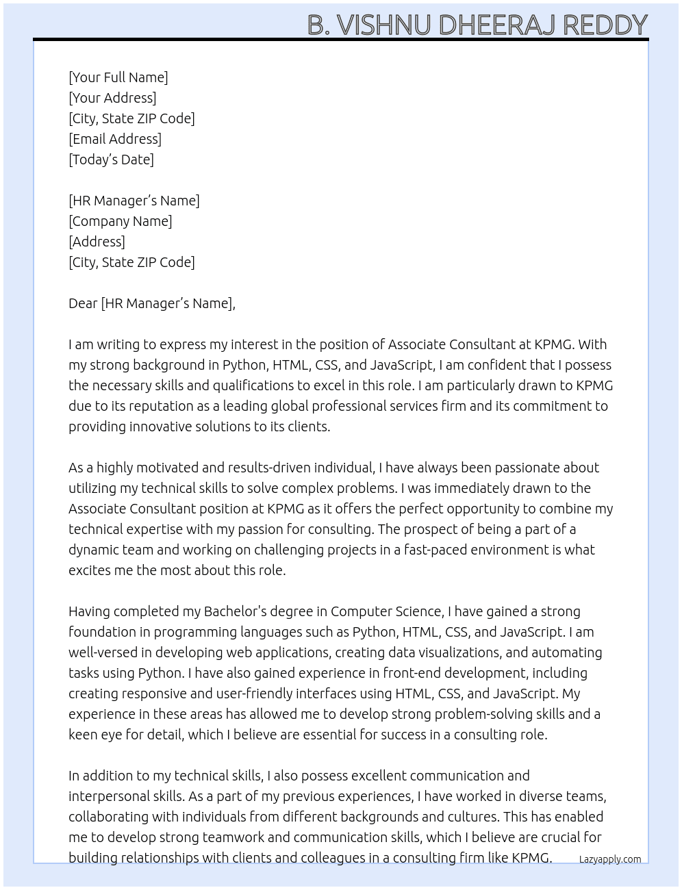 ASSOCIATE CONSULTANT At kpmg Cover Letter