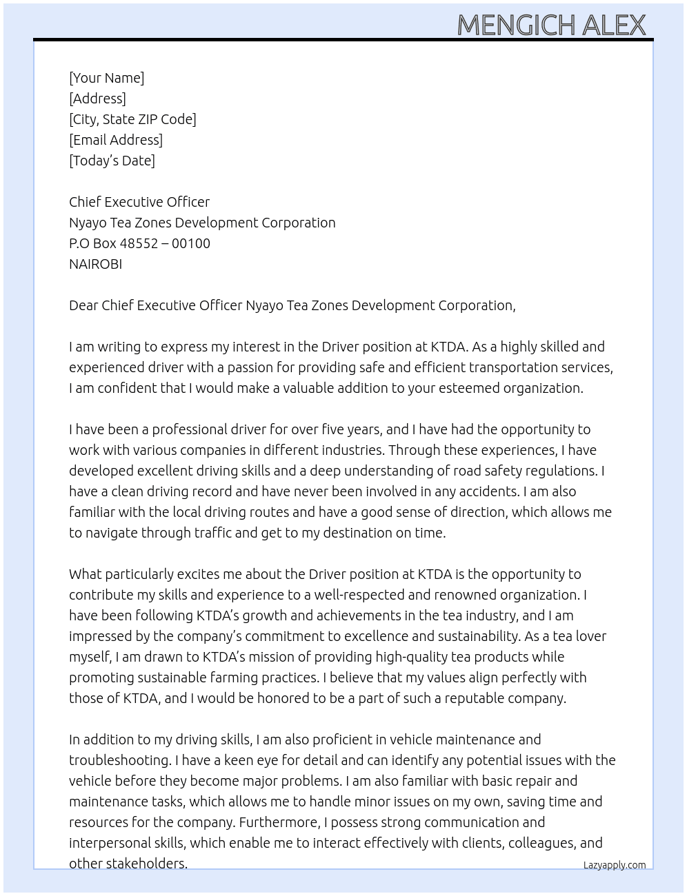 Driver  At Ktda Cover Letter