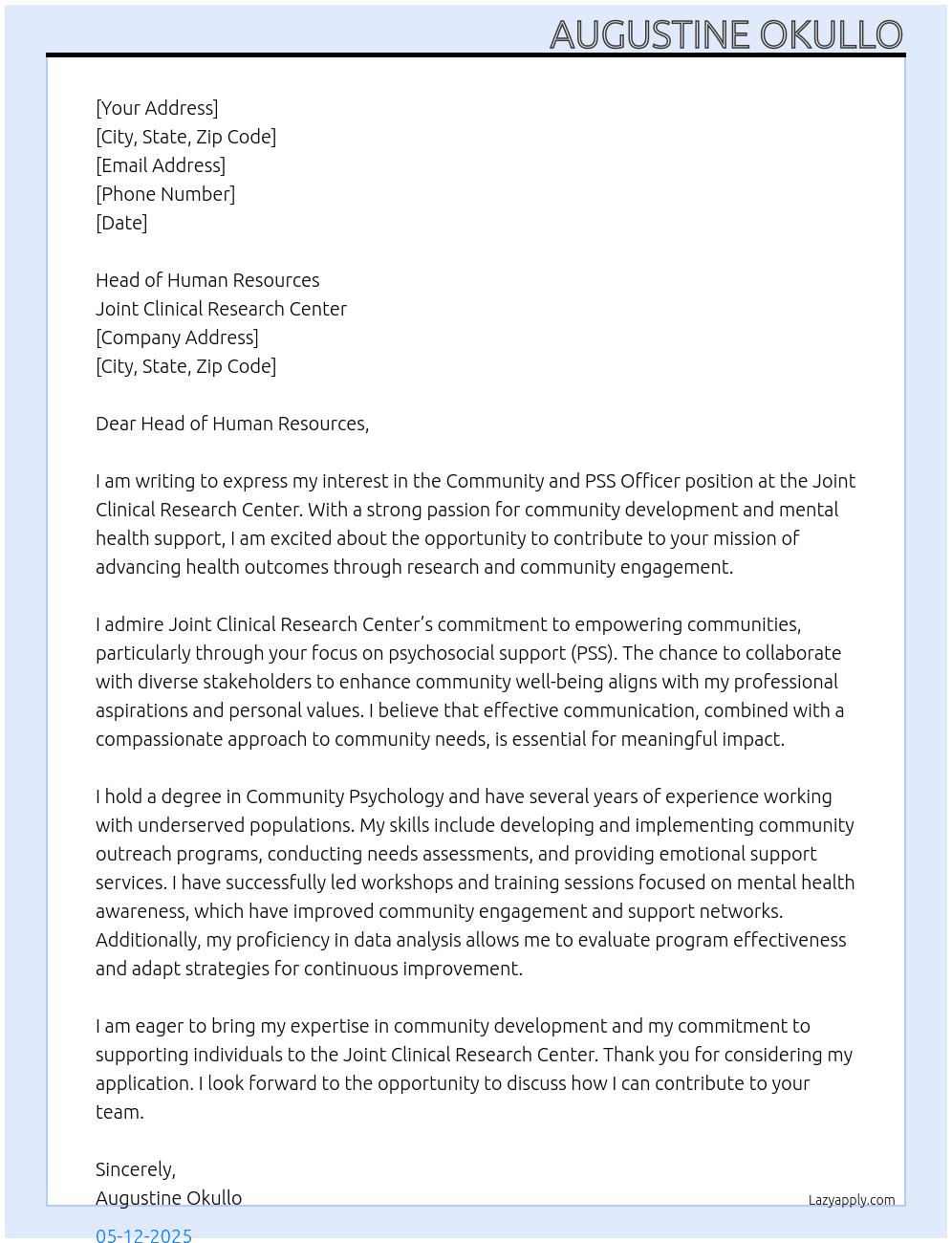 Community and PSS officer At Joint Clinical Research Center Cover Letter