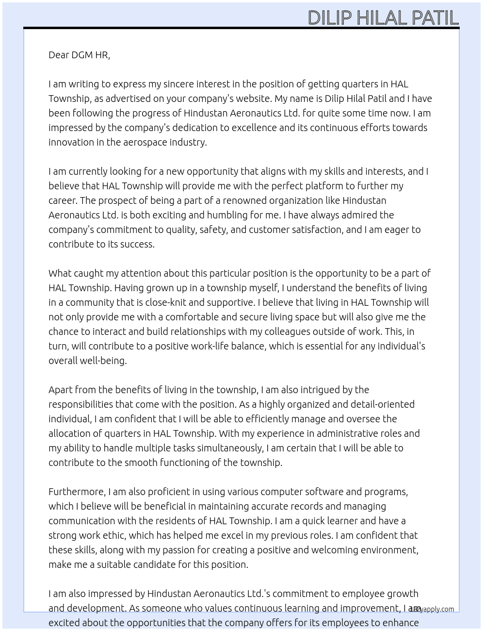 Regarding getting quarters in HAL Township At Hindustan Aeronautics Ltd. Cover Letter