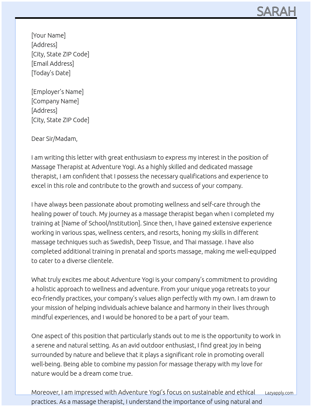 massage therapist At adventure yogi Cover Letter
