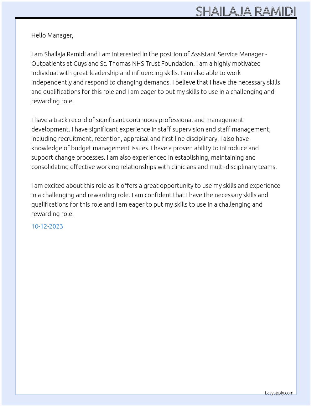 Assistant Service Manager - Outpatients At Guys and St. Thomas NHS Trust Foundation Cover Letter