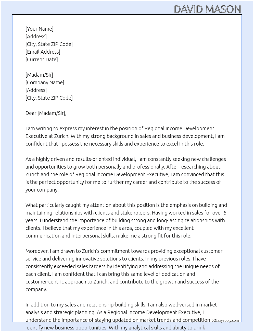 Regional Income Development Executive At Zurich Cover Letter