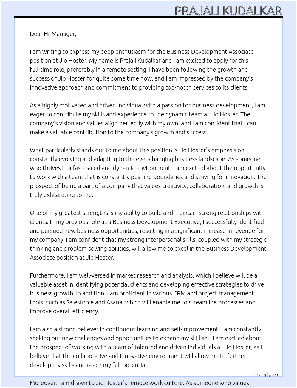Business development associate At Jio hoster Cover Letter