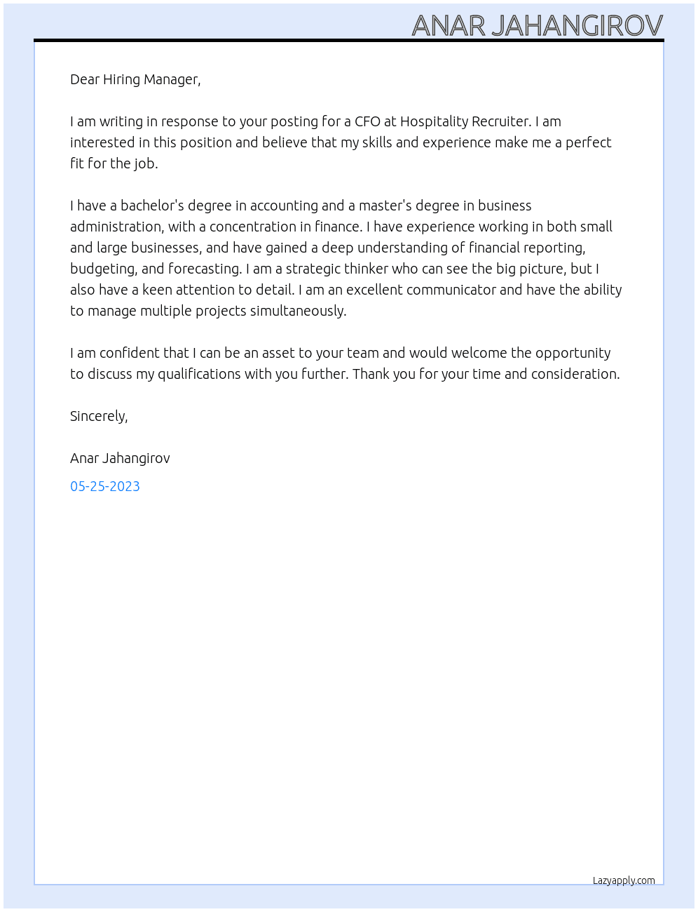 CFO At Hospitality Recruiter Cover Letter