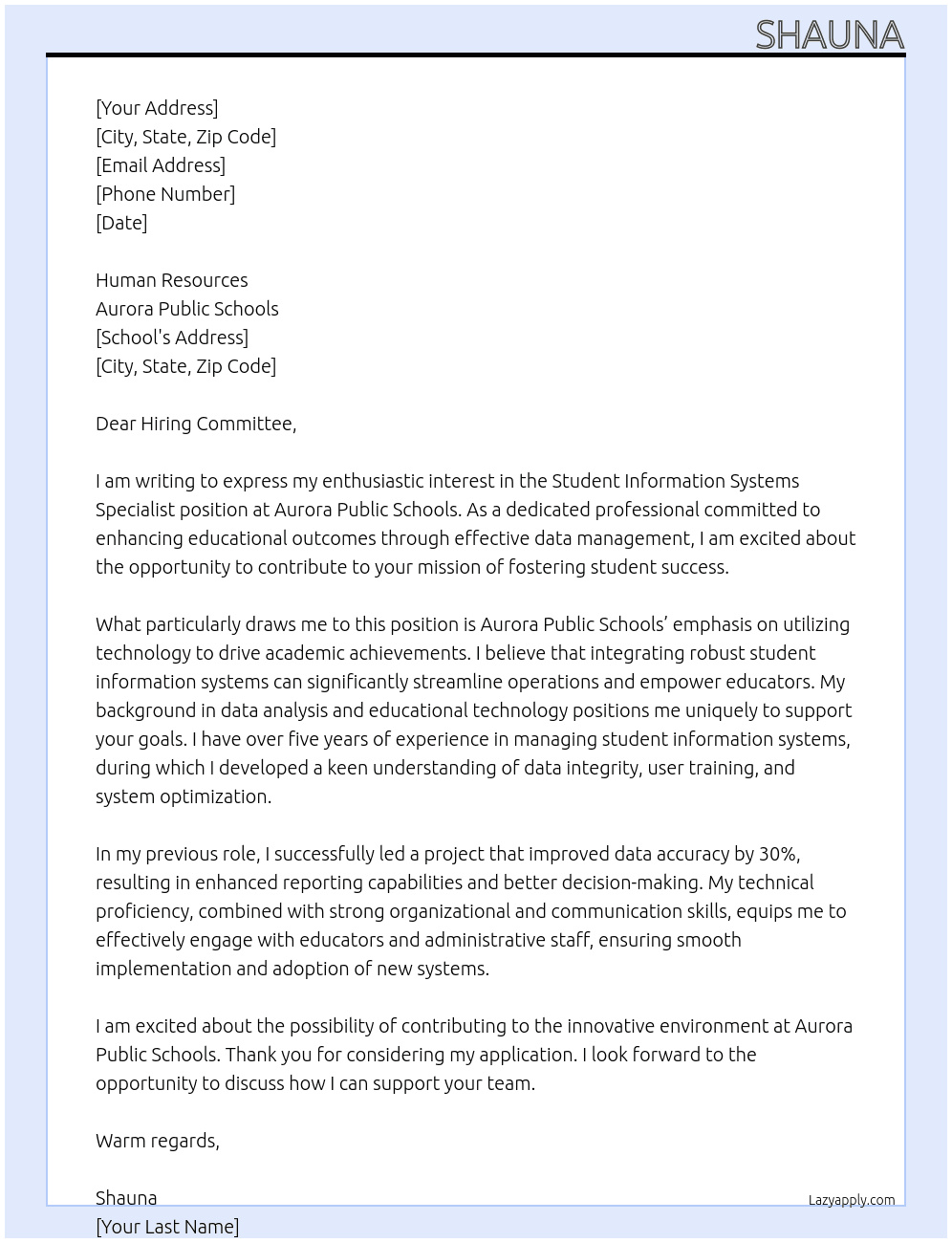 Student Information Systems Specislist At Aurora Public Schools  Cover Letter