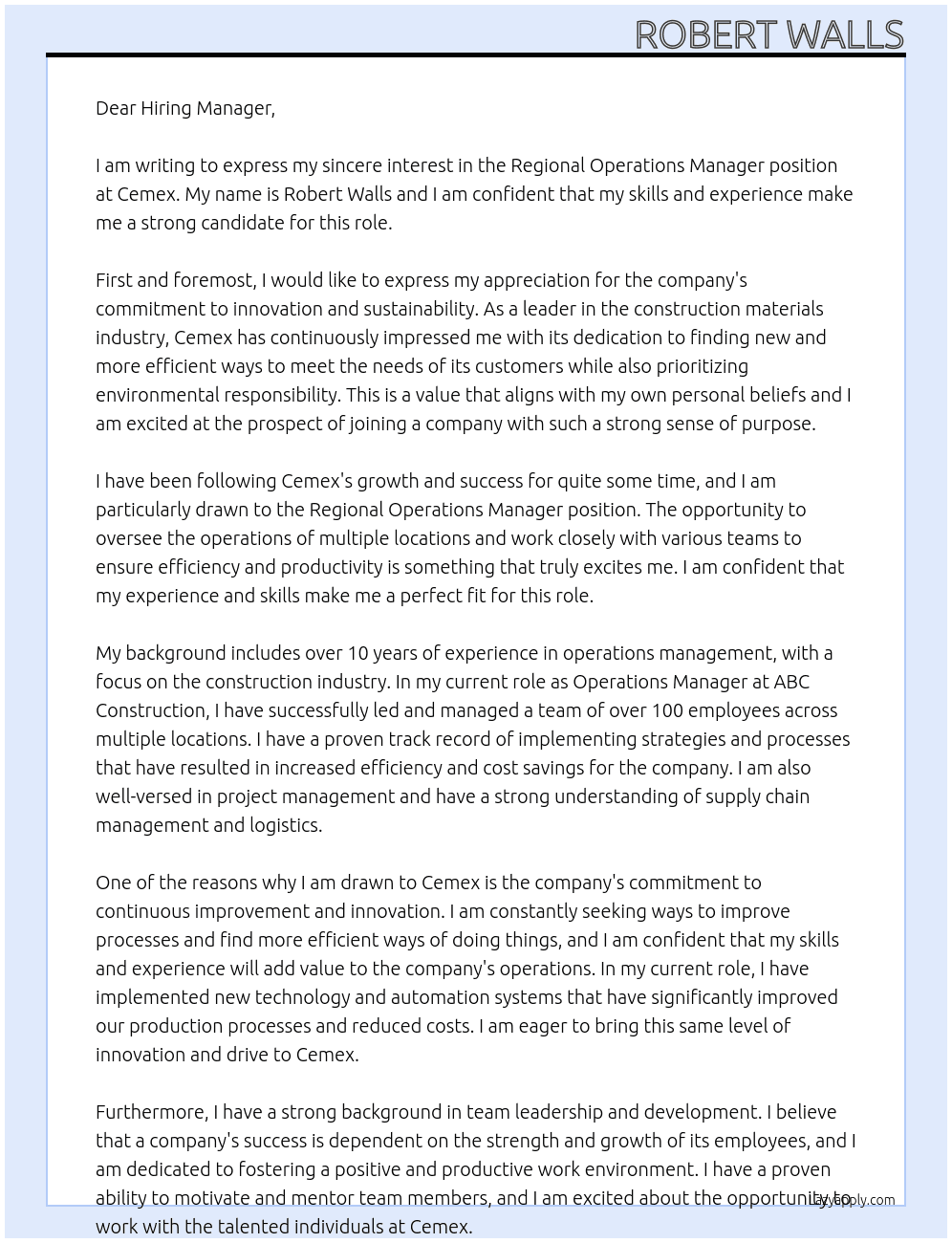 Regional Operations Manager At Cemex Cover Letter