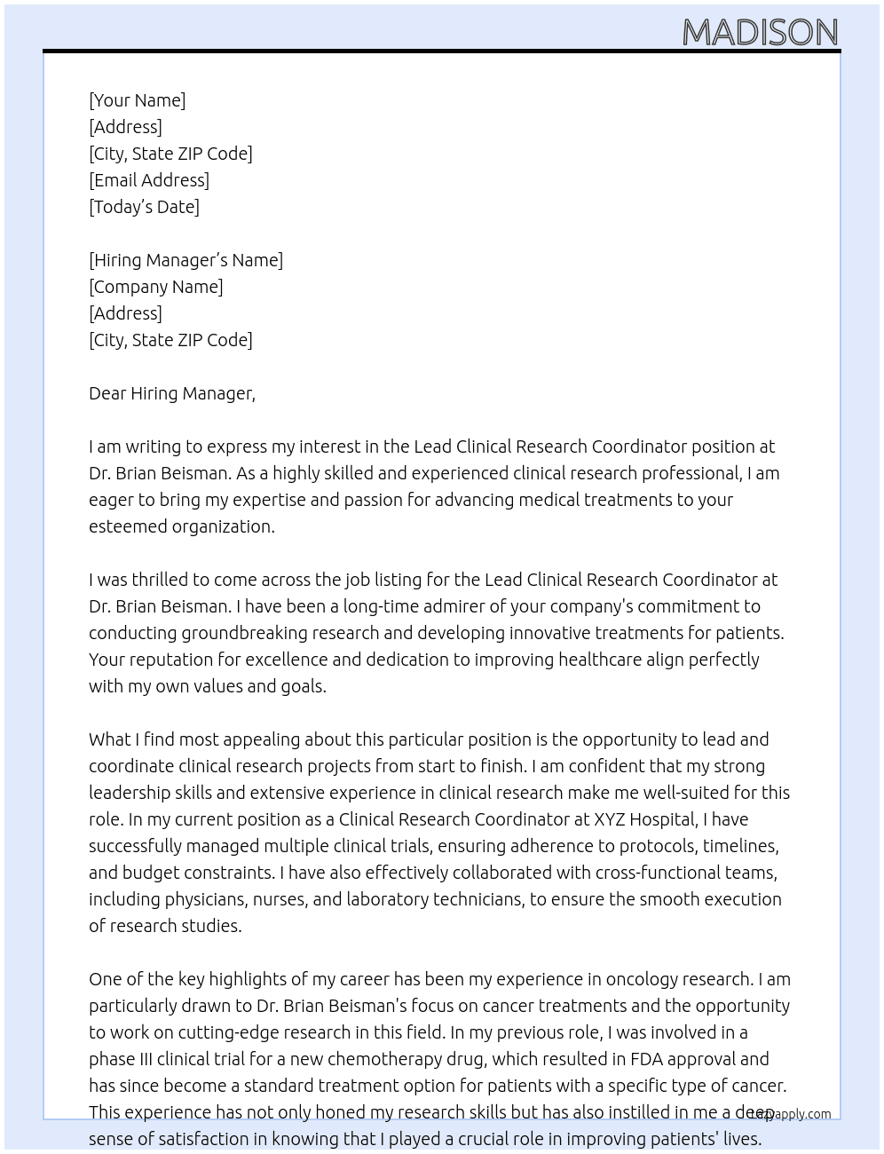 Lead clinical research coordinator At Dr. Brian Beisman Cover Letter