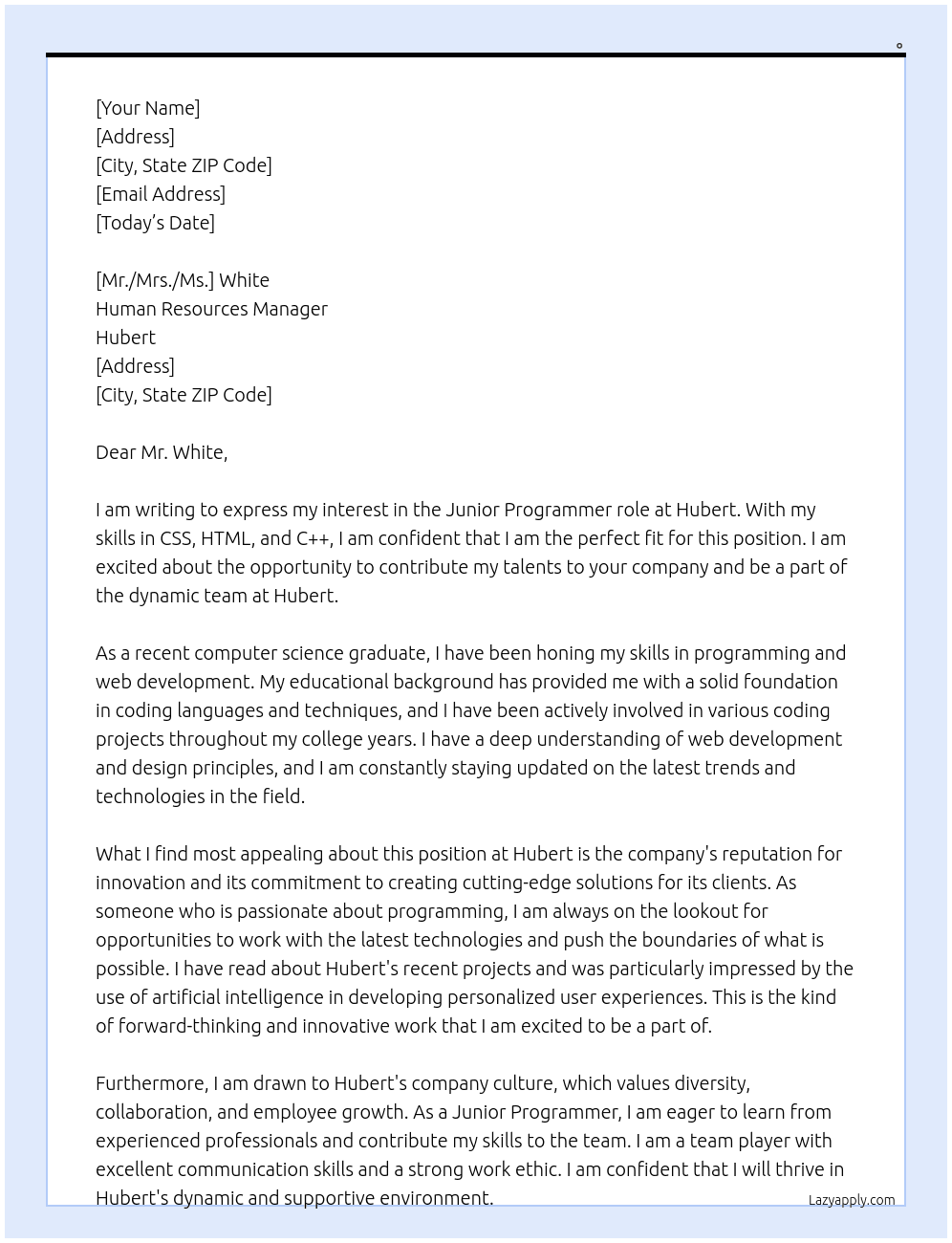 Programmer At Hubert Cover Letter