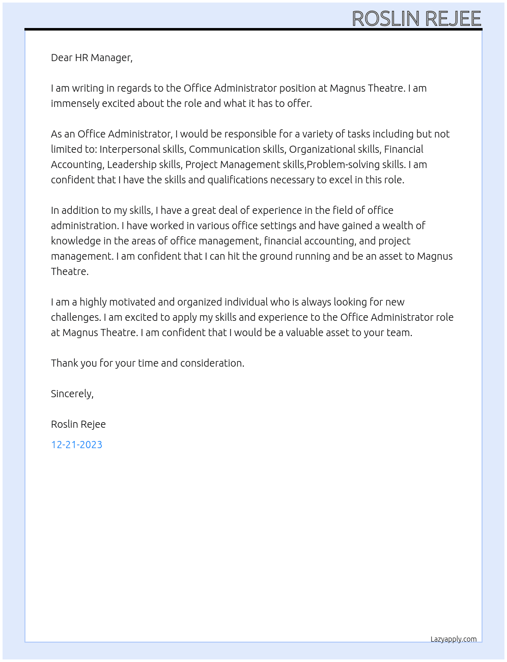 Office Administrator At Magnus Theatre Cover Letter