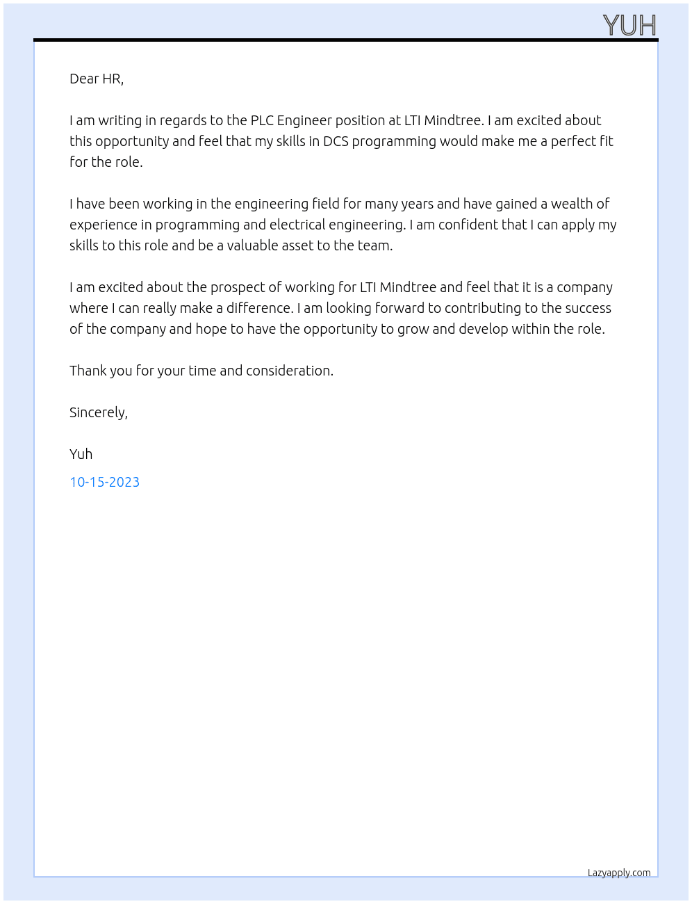 PLC Engineer At LTI Mindtree Cover Letter