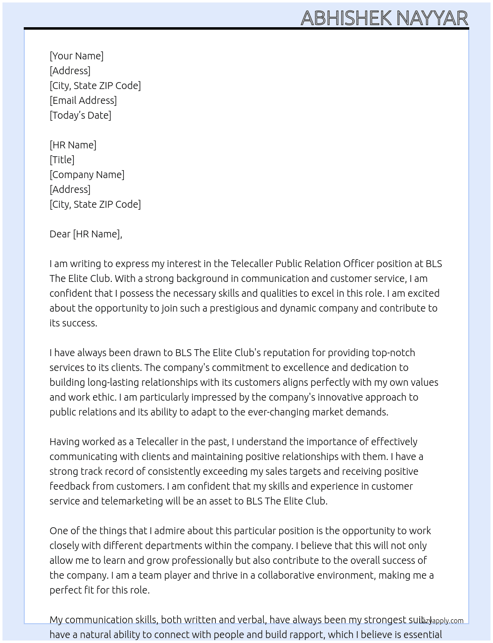 Telecaller public relation officer  At BLS the elite club Cover Letter